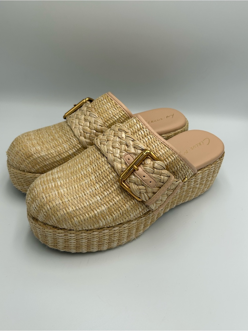 Circus by Sam Edelman Natural Straw Woven Platform Mules with Gold Buckle